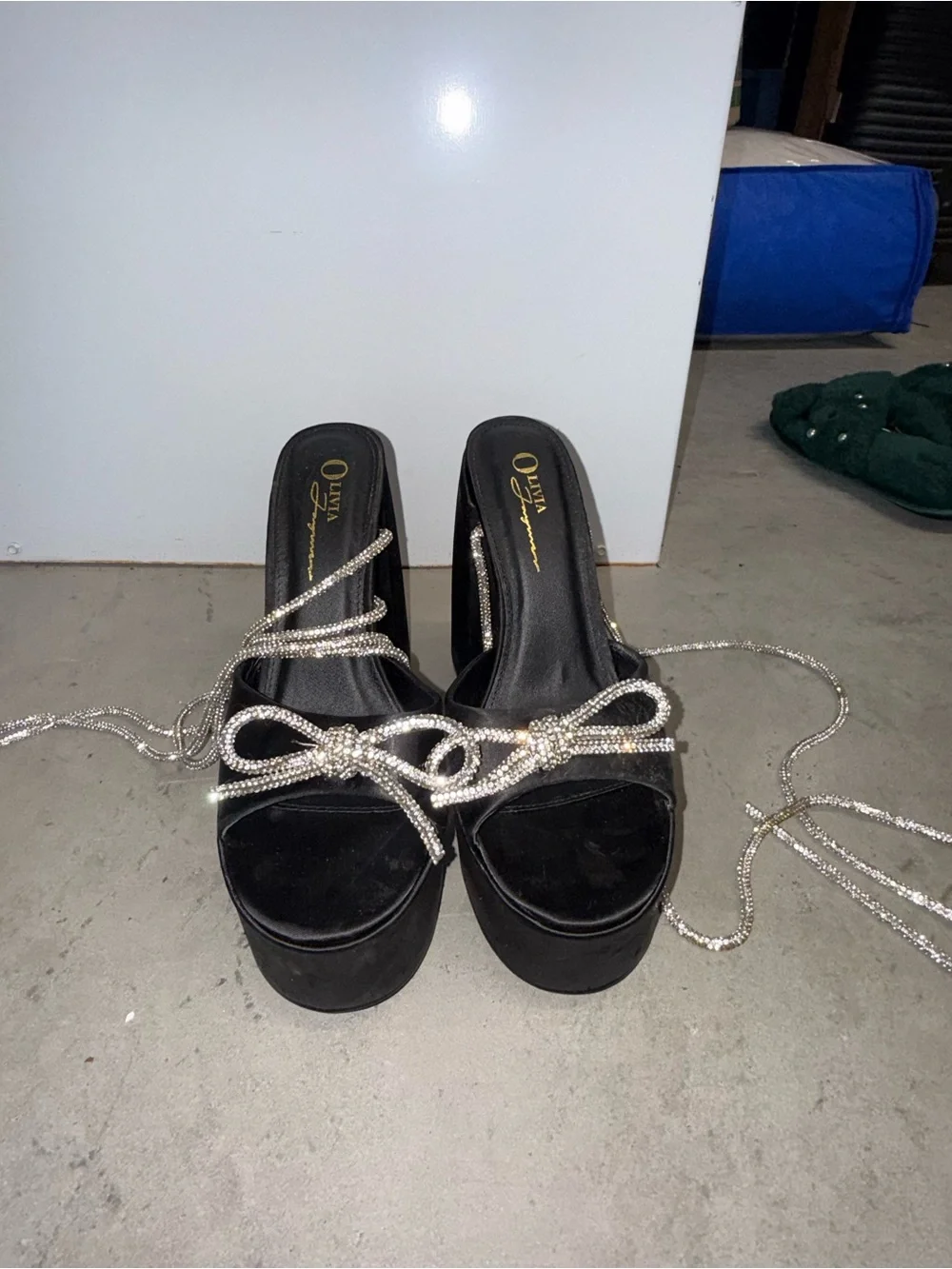 Platform Slide Sandals with Rhinestone Tie - Black